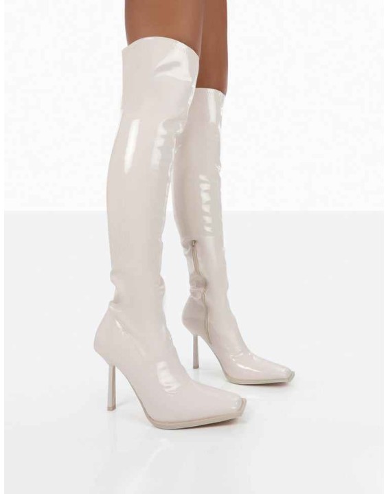 Jenine Ecru Patent Over The Knee Stiletto Heeled Boots