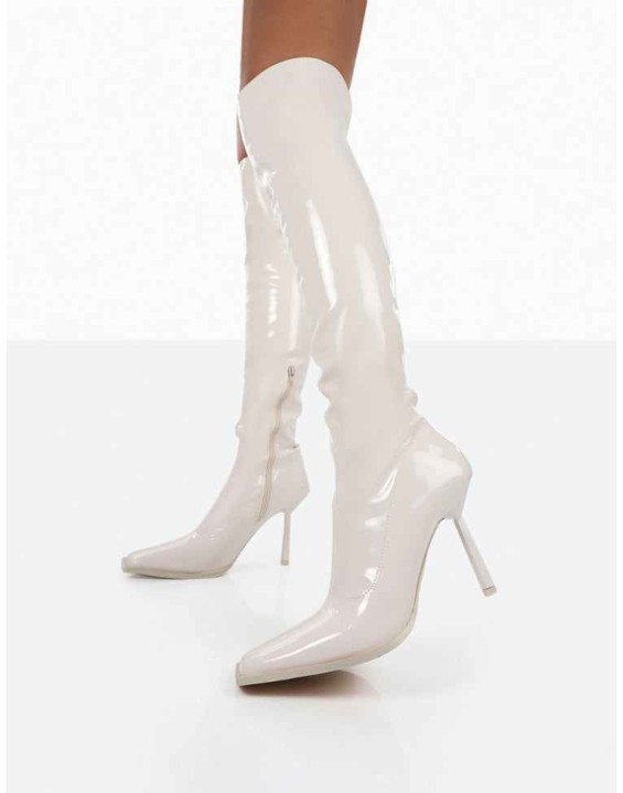 Jenine Ecru Patent Over The Knee Stiletto Heeled Boots