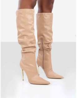 Monica Nude PU Pointed Toe Knee High Boots