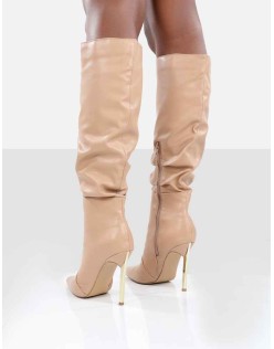 Monica Nude PU Pointed Toe Knee High Boots