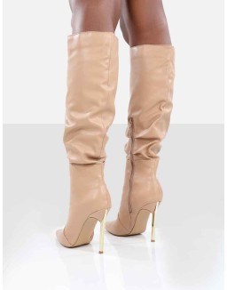 Monica Nude PU Pointed Toe Knee High Boots