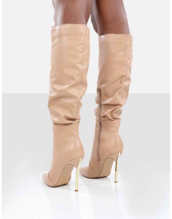 Monica Nude PU Pointed Toe Knee High Boots