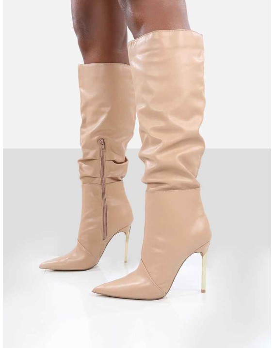 Monica Nude PU Pointed Toe Knee High Boots