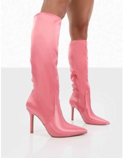 Best Believe Pink Satin Pointed Toe Heeled Knee High Boots