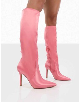 Best Believe Pink Satin Pointed Toe Heeled Knee High Boots