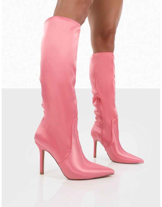 Best Believe Pink Satin Pointed Toe Heeled Knee High Boots