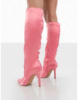 Best Believe Pink Satin Pointed Toe Heeled Knee High Boots