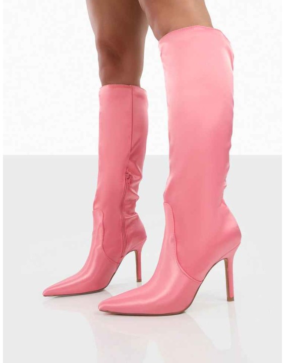 Best Believe Pink Satin Pointed Toe Heeled Knee High Boots