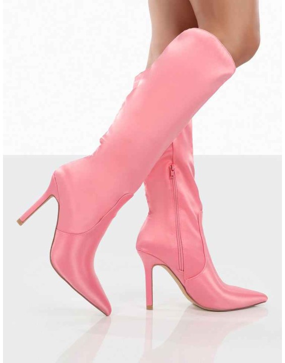 Best Believe Pink Satin Pointed Toe Heeled Knee High Boots