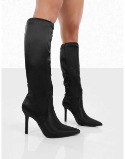 Best Believe Black Satin Pointed Toe Heeled Knee High Boots