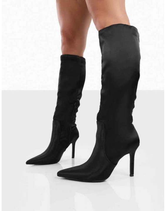Best Believe Black Satin Pointed Toe Heeled Knee High Boots