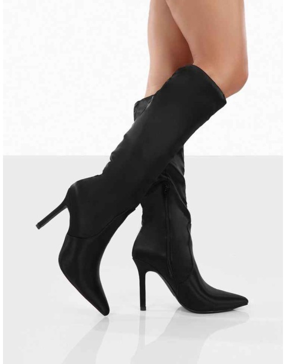 Best Believe Black Satin Pointed Toe Heeled Knee High Boots