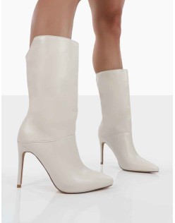 Lisel Ecru PU Pointed Toe Heeled Ankle Boots