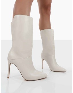 Lisel Ecru PU Pointed Toe Heeled Ankle Boots