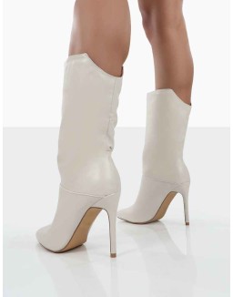 Lisel Ecru PU Pointed Toe Heeled Ankle Boots