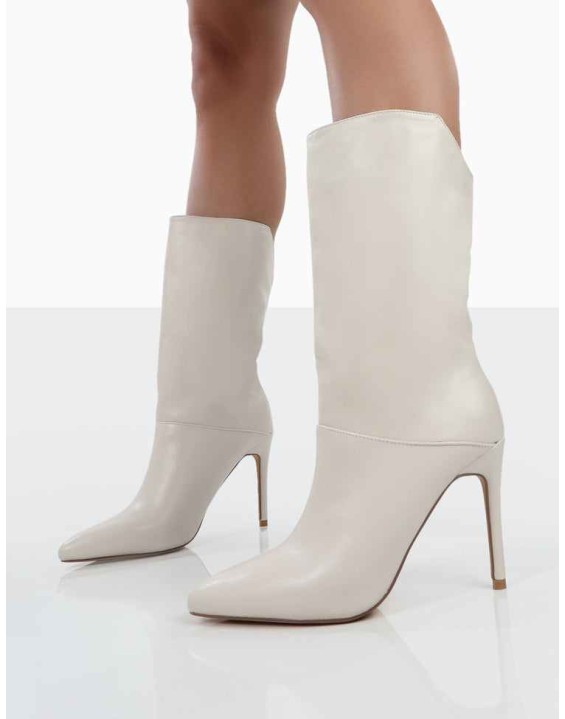 Lisel Ecru PU Pointed Toe Heeled Ankle Boots