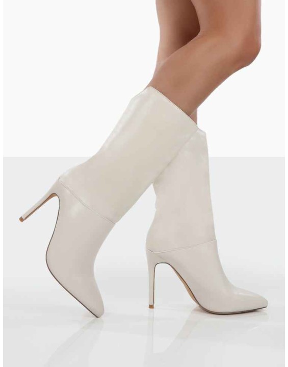 Lisel Ecru PU Pointed Toe Heeled Ankle Boots