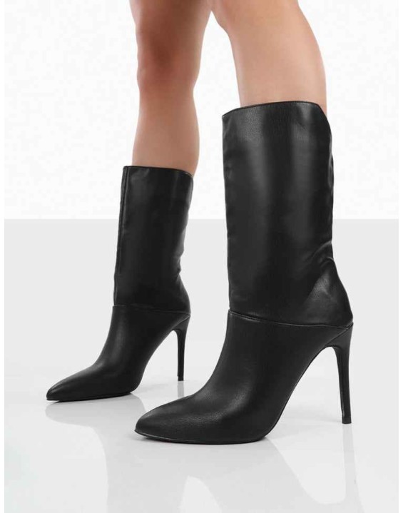 Lisel Black PU Pointed Toe Heeled Ankle Boots
