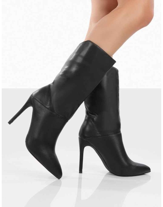 Lisel Black PU Pointed Toe Heeled Ankle Boots
