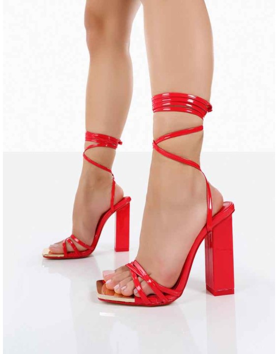 Amira Red Patent Lace Up Block Heels