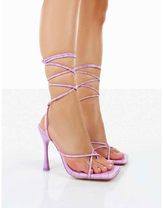 Imogen Lilac Croc Square Toe Strappy Lace Up Heels