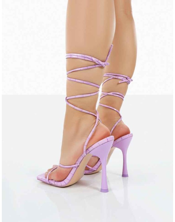 Imogen Lilac Croc Square Toe Strappy Lace Up Heels