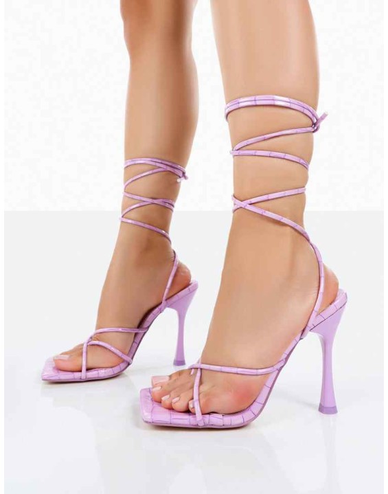 Imogen Lilac Croc Square Toe Strappy Lace Up Heels