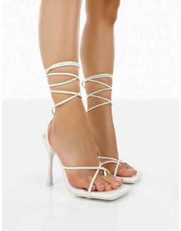 Imogen White Croc Square Toe Strappy Lace Up Heels