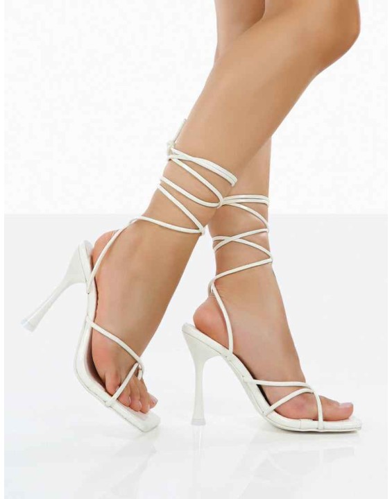 Imogen White Croc Square Toe Strappy Lace Up Heels