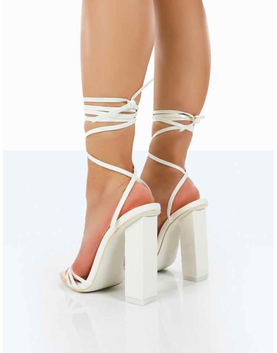 Amira White Patent Lace Up Block Heels