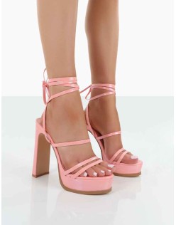 Gimme Gimme Baby Pink Iridescent PU Strappy Lace Up Thin Block Heels