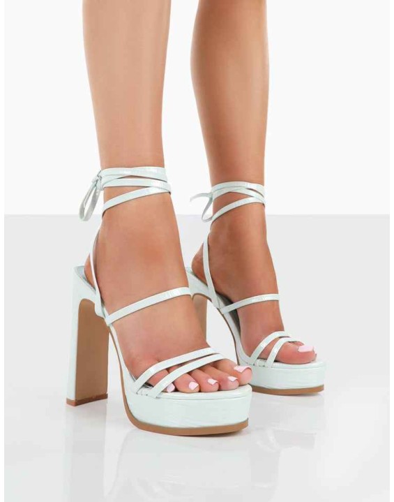 Gimme Gimme Baby Blue Iridescent PU Strappy Lace Up Thin Block Heels