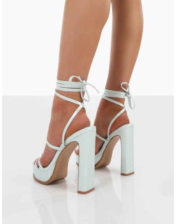 Gimme Gimme Baby Blue Iridescent PU Strappy Lace Up Thin Block Heels