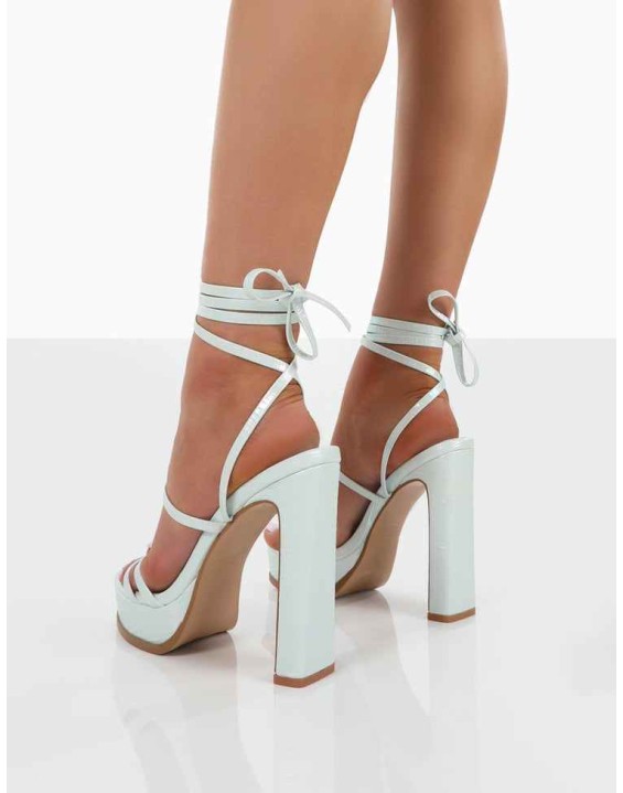 Gimme Gimme Baby Blue Iridescent PU Strappy Lace Up Thin Block Heels