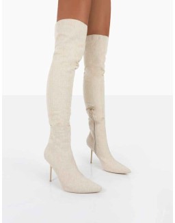 Tiana Natural Linen Pointed Toe Over The Knee Stiletto Boots