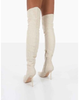 Tiana Natural Linen Pointed Toe Over The Knee Stiletto Boots