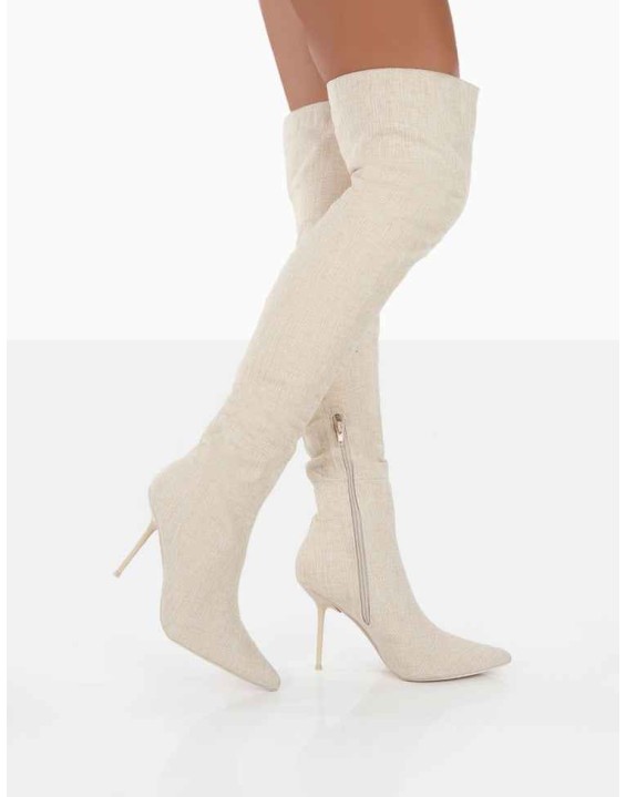 Tiana Natural Linen Pointed Toe Over The Knee Stiletto Boots