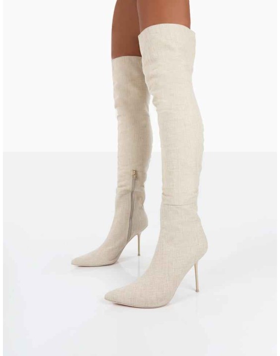 Tiana Natural Linen Pointed Toe Over The Knee Stiletto Boots