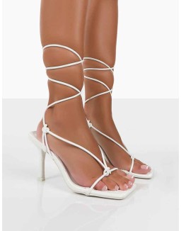 Harriet Wide Fit White Croc Square Toe Lace Up Heels