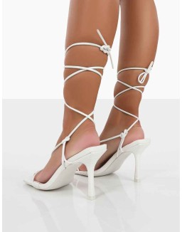Harriet Wide Fit White Croc Square Toe Lace Up Heels