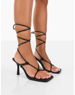 Harriet Wide Fit Black PU Square Toe Lace Up Heels