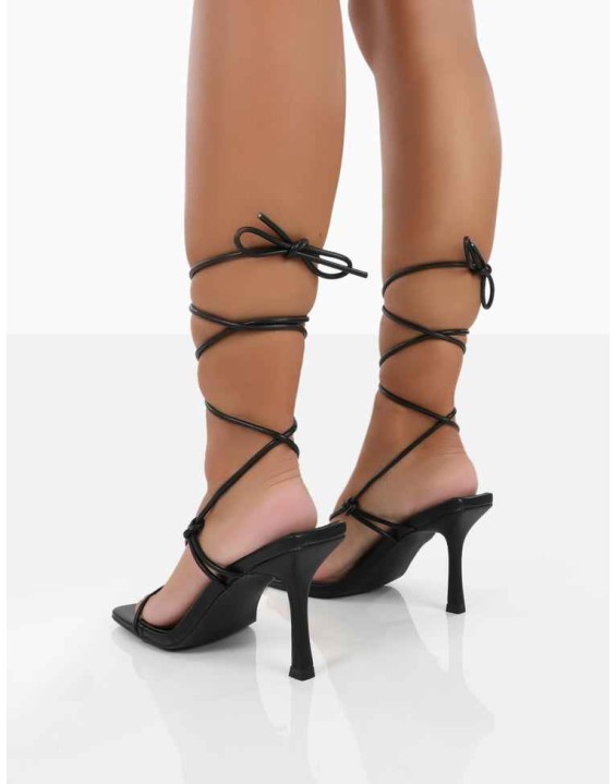 Harriet Wide Fit Black PU Square Toe Lace Up Heels