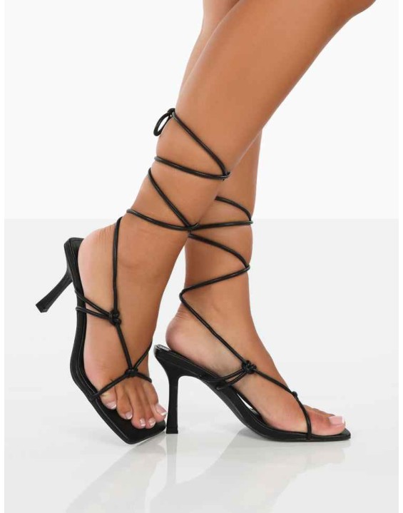 Harriet Wide Fit Black PU Square Toe Lace Up Heels
