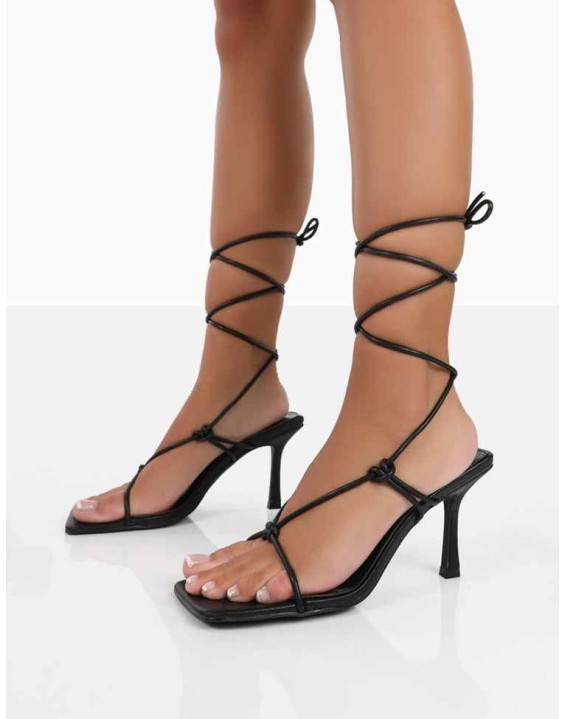 Harriet Wide Fit Black PU Square Toe Lace Up Heels