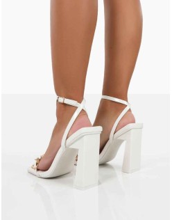 Rae Wide Fit White Patent Buckle Detail Block Heels