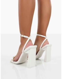 Rae Wide Fit White Patent Buckle Detail Block Heels