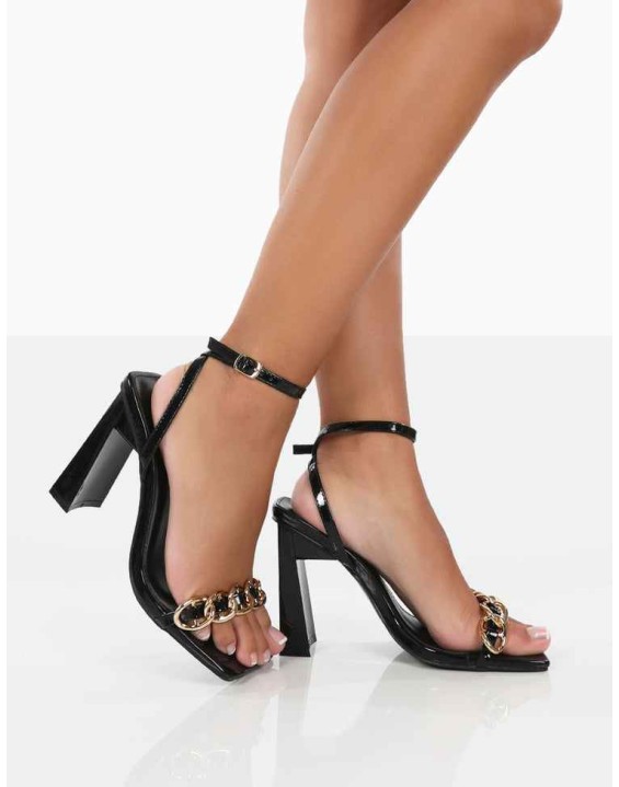 Rae Wide Fit Black Patent Buckle Detail Block Heels