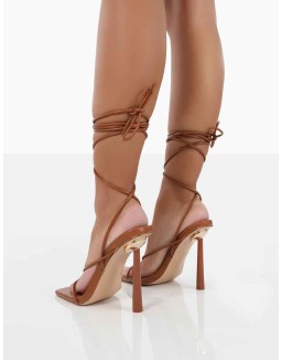 Lacey Wide Fit Toffee PU Square Toe Strappy Lace Up Stiletto Heels