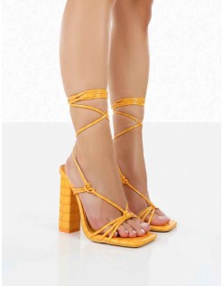Berry Orange Croc Square Toe Strappy Lace Up Block Heels