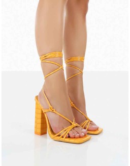 Berry Orange Croc Square Toe Strappy Lace Up Block Heels